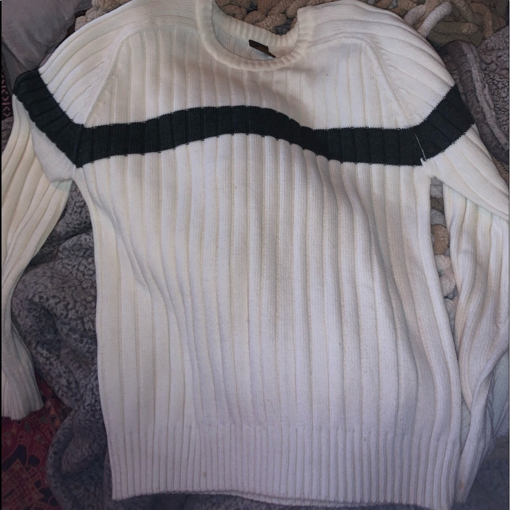 white men’s sweater with navy blue stripe